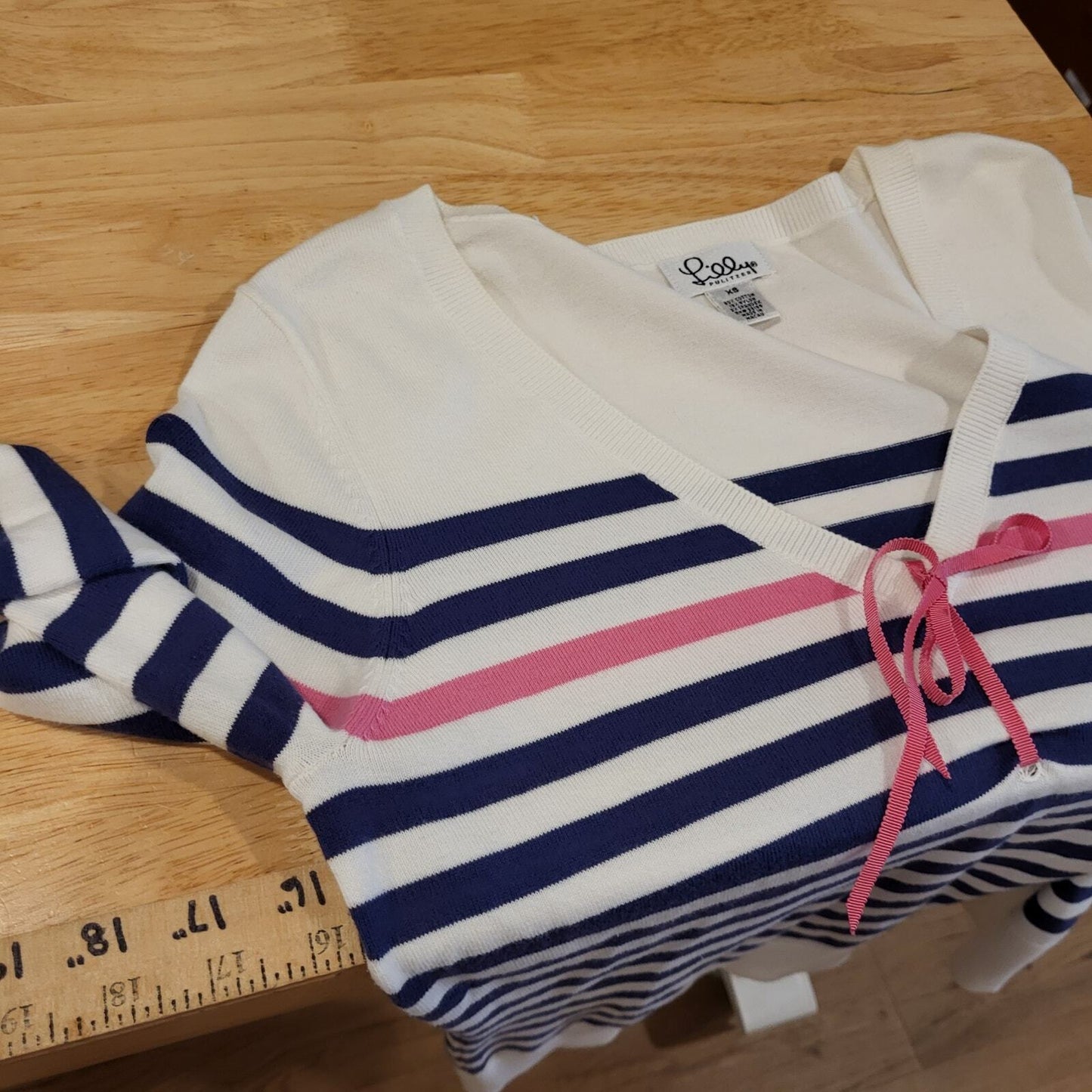 Lilly Pulitzer Blue Pink & White V Neck Long Sleeve Striped Sweater Bow XS