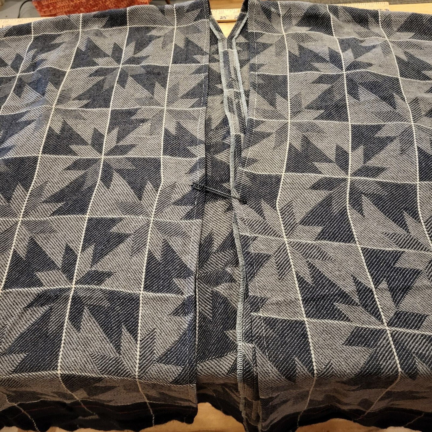 Upcycled Handmade Delta Blanket Poncho Blue Geometric