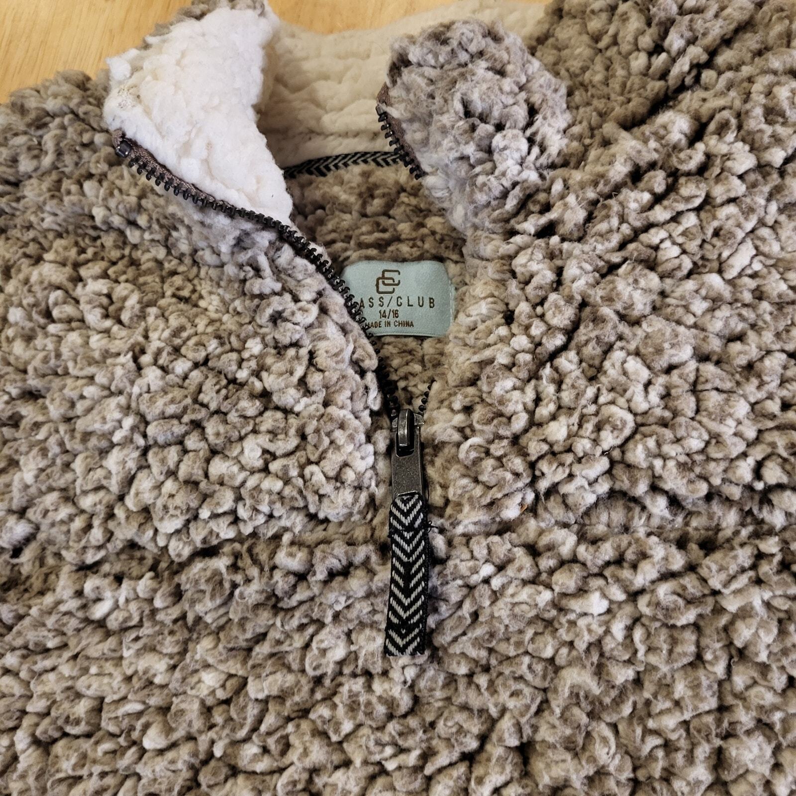 Class Club Fuzzy Soft Fleece 1/4 Zip Pullover Sweater 14/16 Kids Beige 18" p2p