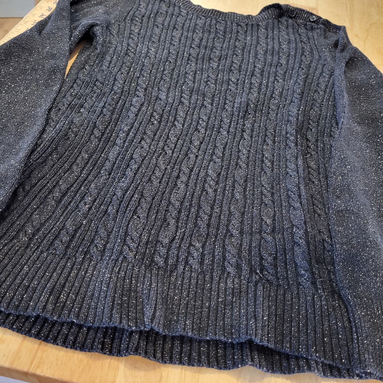 Banana Republic Cotton Angora Blend Black Metallic Cable Knit Sweater Button Med