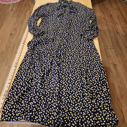 Zara Long Blue & Yellow Polka Dot Button Maxi Shirt Dress Tie Collar Large Nylon