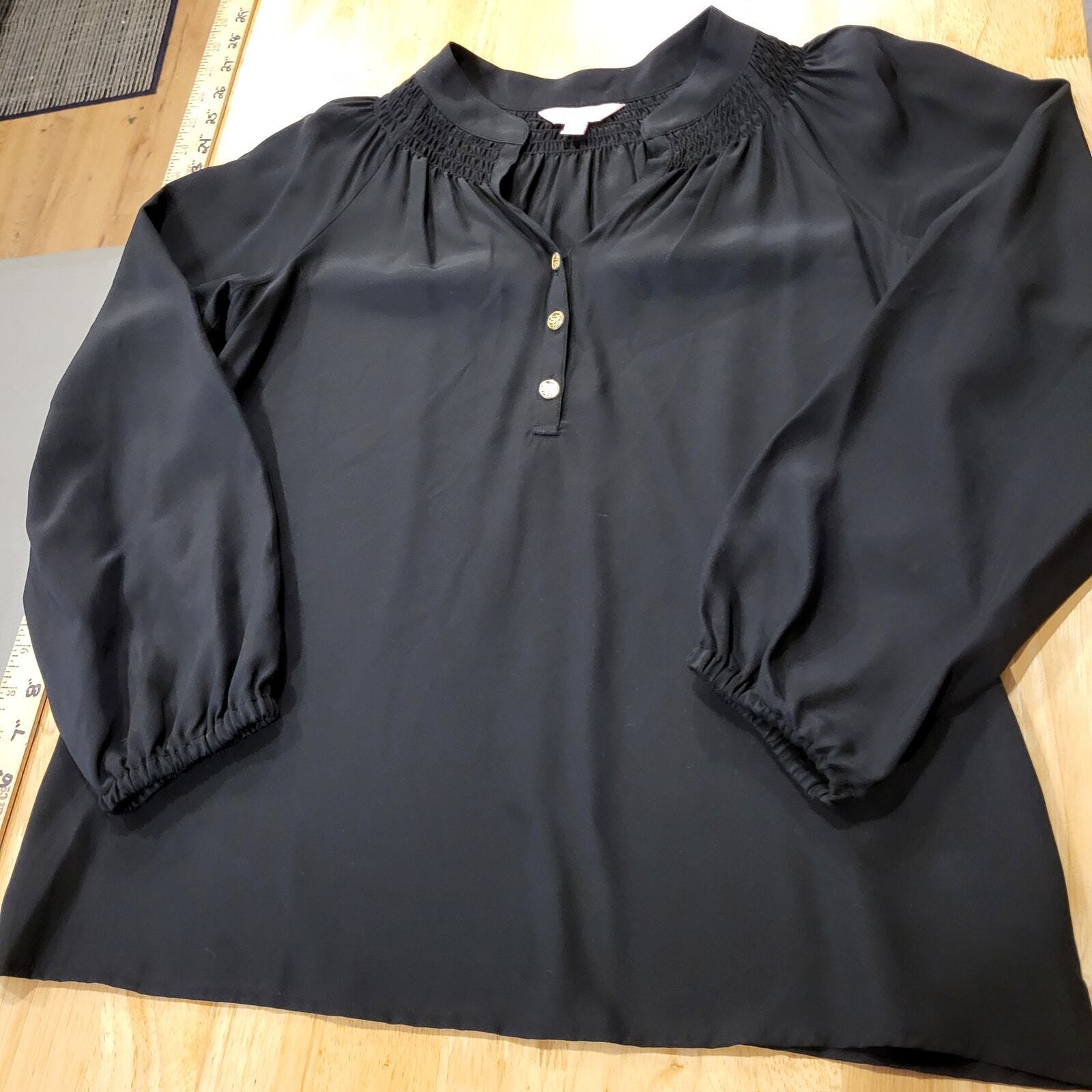 Lilly Pulitzer Black Blouse Gold Buttons Balloon Sleeve XS Neckline Detail
