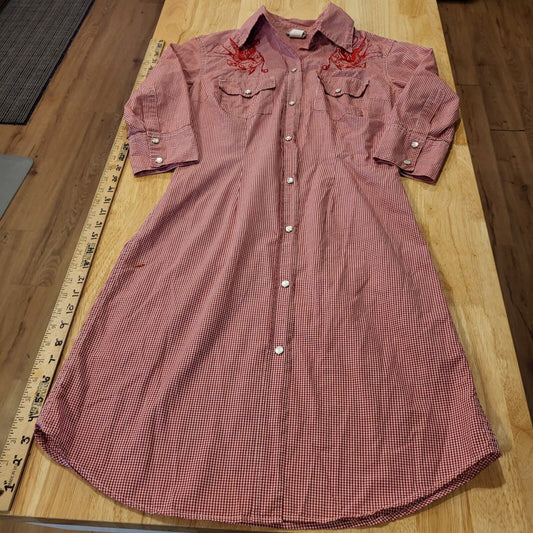 Vintage Sailor Jerry Red Gingham Pearl Snap Shirt Dress 18" P2P 32" Waist