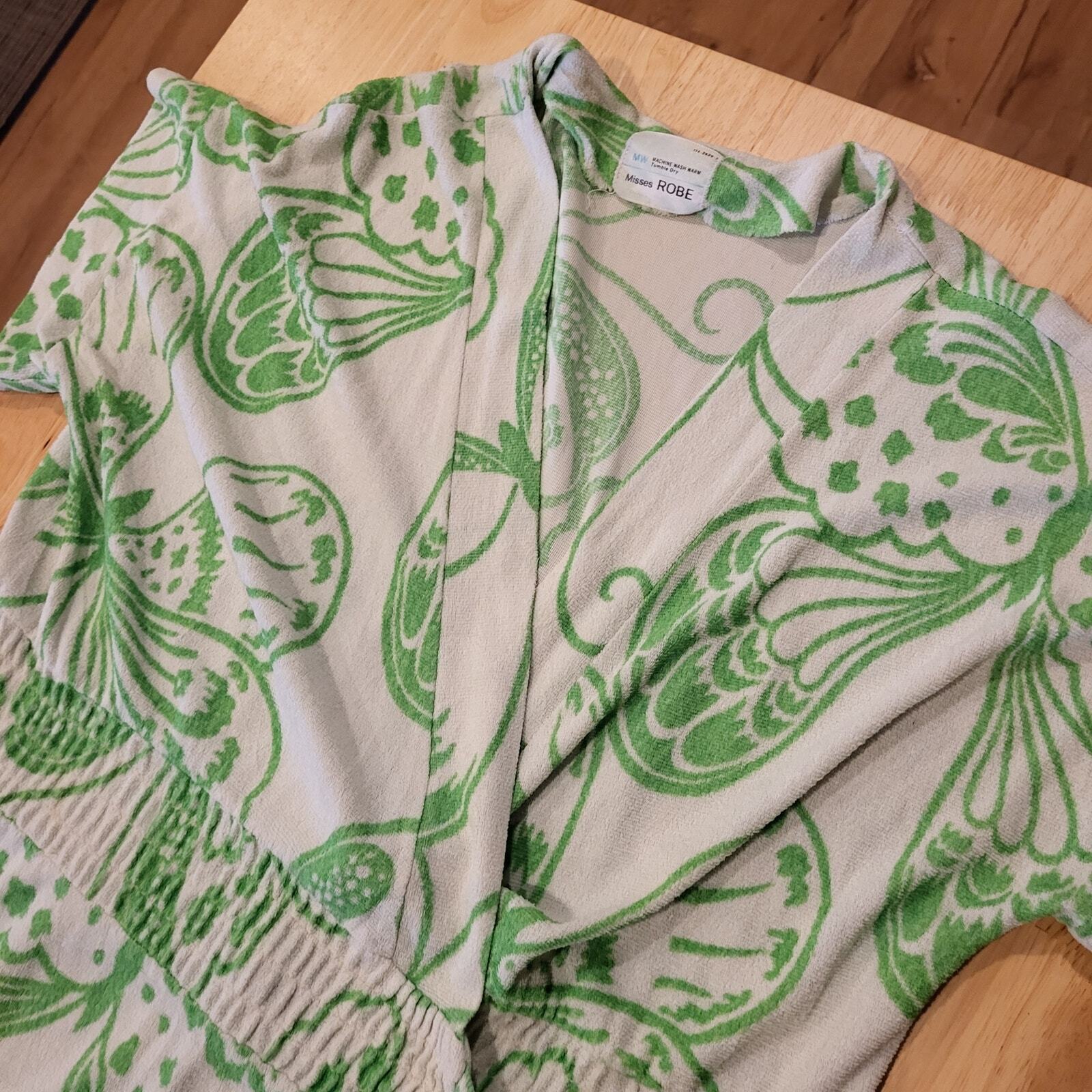 Green Butterfly Terry Dress cover up Summer Swim Short Sleeve Long tie pocket 
