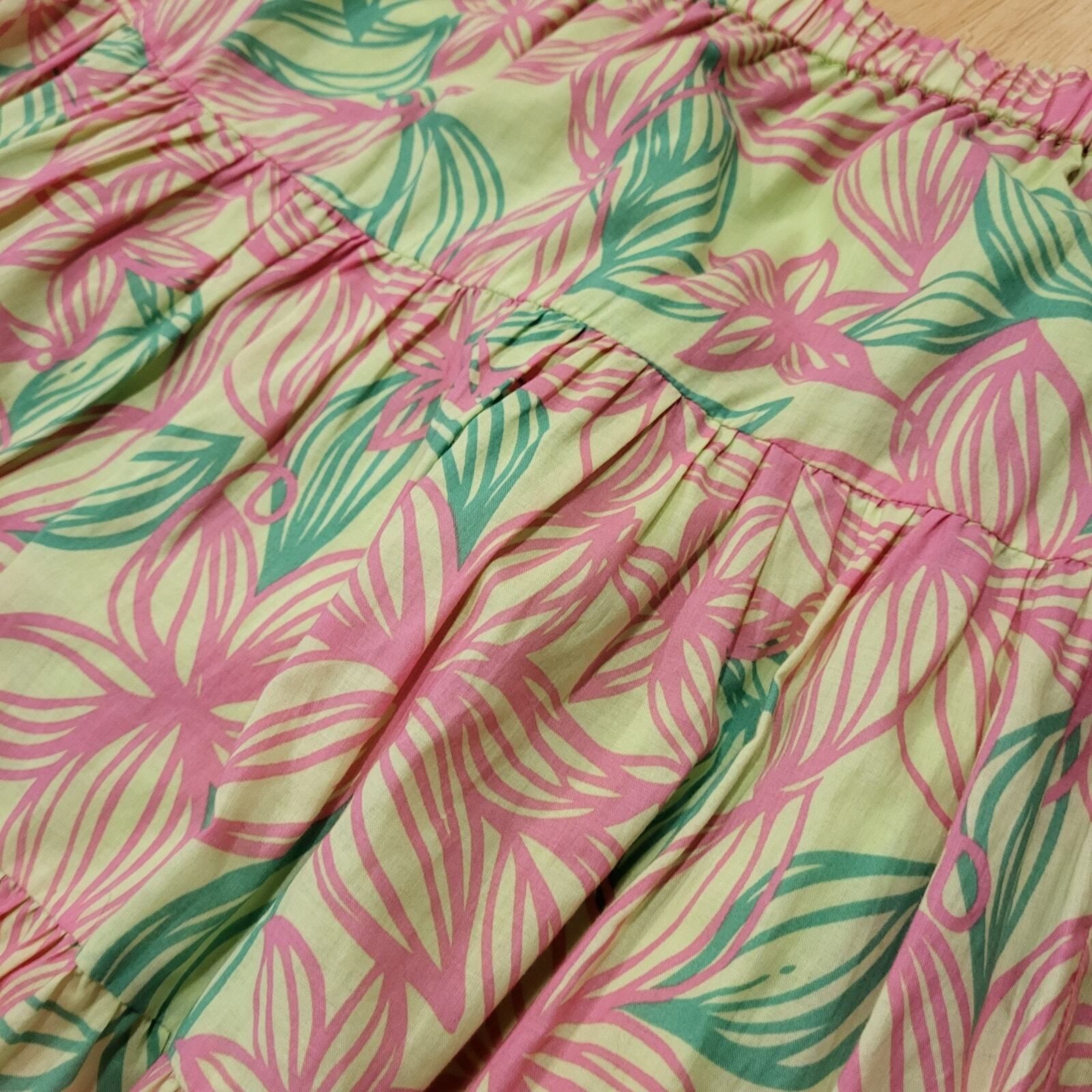 Lilly Pulitzer Pink & Green Floral Elastic Waist Maxi Prairie Skirt XS Cotton