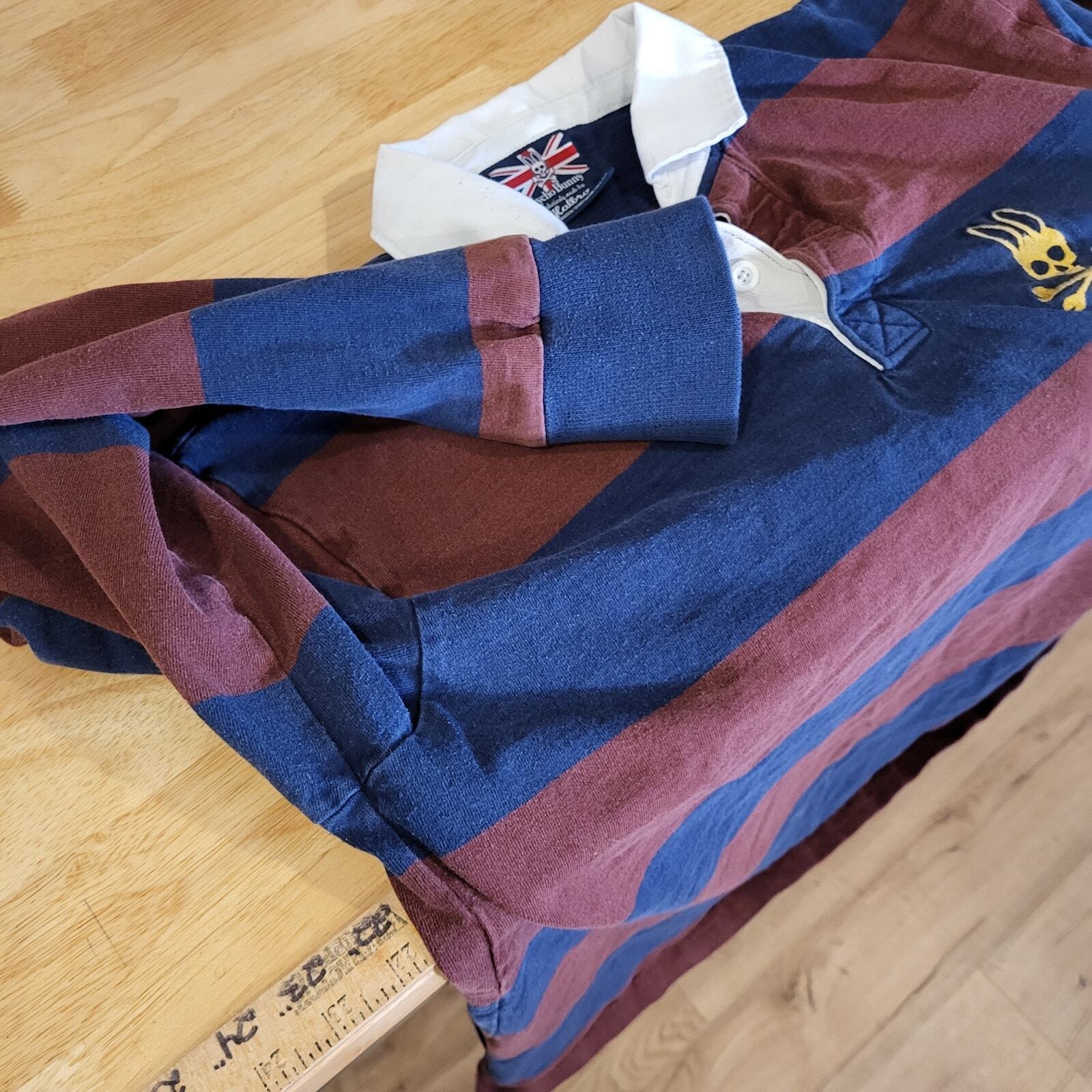 Psycho Bunny Maroon & Blue Rugby Shirt White Collar Logo (see bleach marks) 