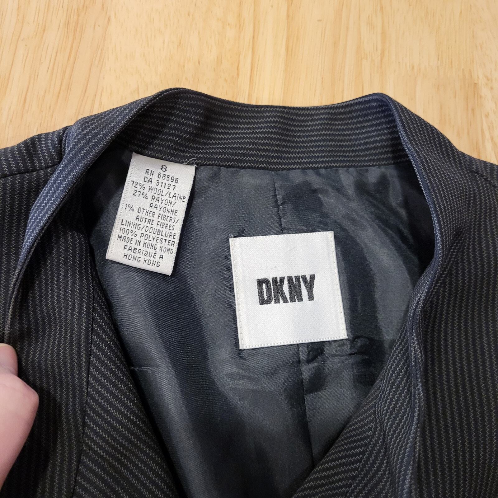 DKNY Donna Karen Wool Mandarin Collar Invisible Button Pinstripe Coat 8