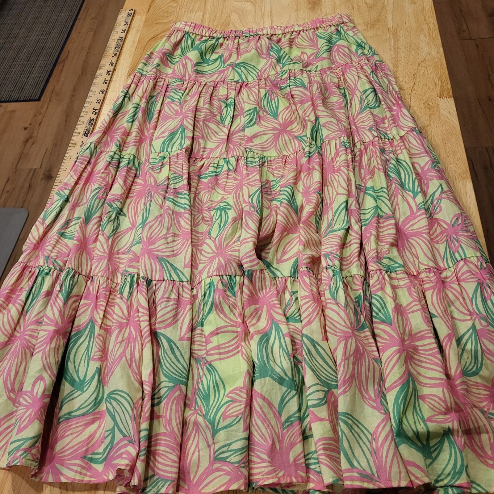 Lilly Pulitzer Pink & Green Floral Elastic Waist Maxi Prairie Skirt XS Cotton