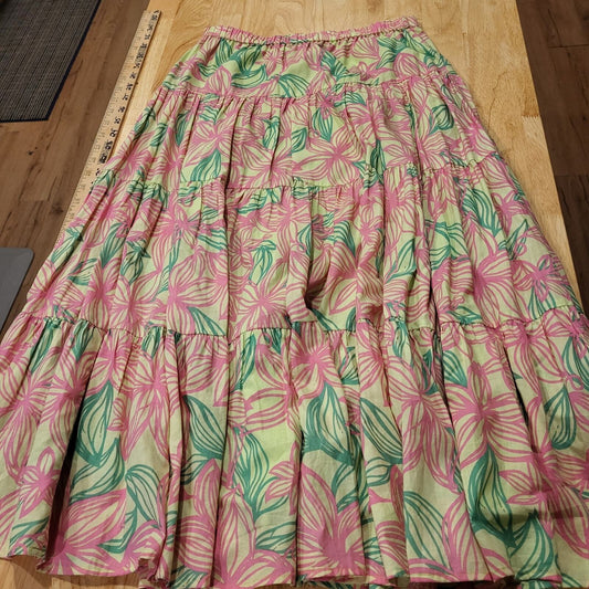 Lilly Pulitzer Pink & Green Floral Elastic Waist Maxi Prairie Skirt XS Cotton