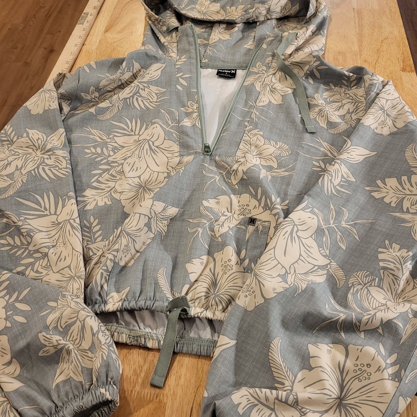 Hurley large green pullover zip long sleeve botanical Hood elastic waist pocket