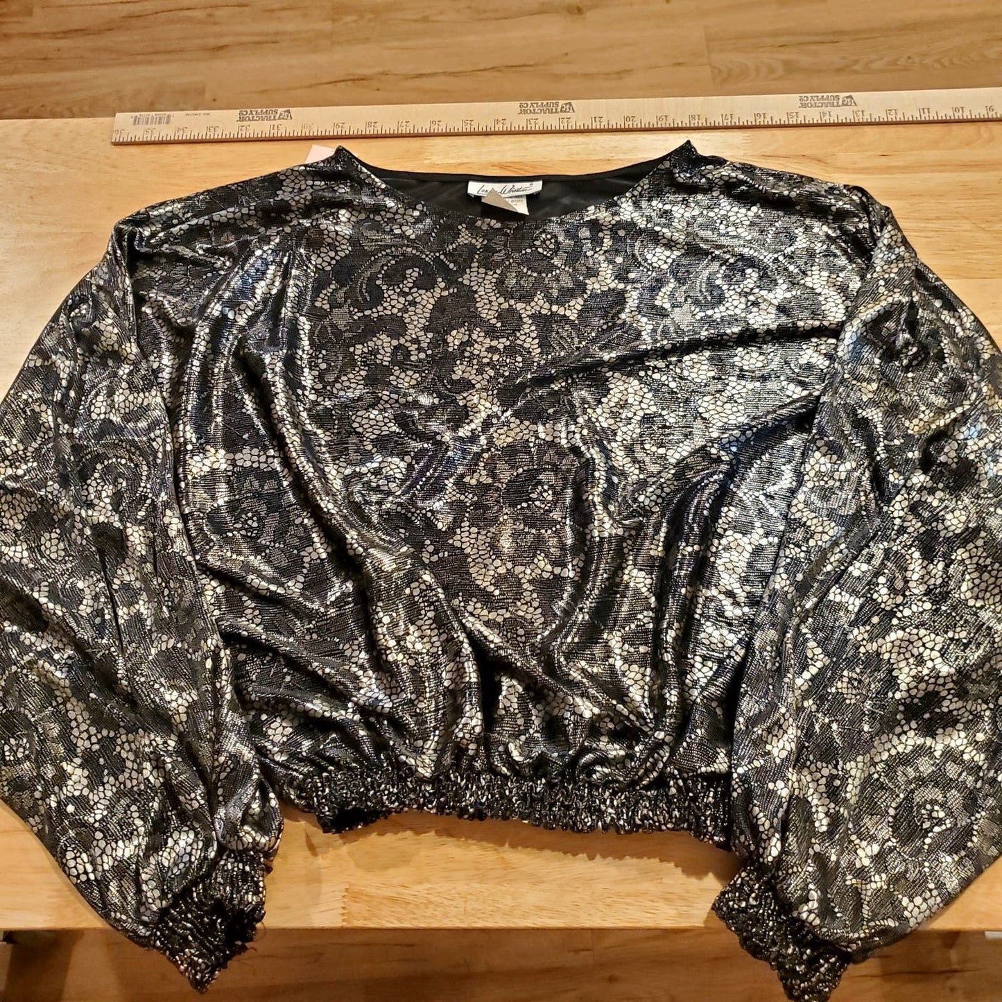 Vintage Silver Metallic Elastic Gather Waist Lace Print Ballon Sleeve Blouse Med