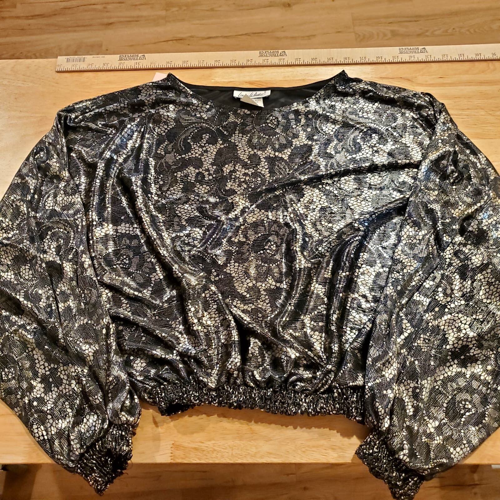 Vintage Silver Metallic Elastic Gather Waist Lace Print Ballon Sleeve Blouse Med