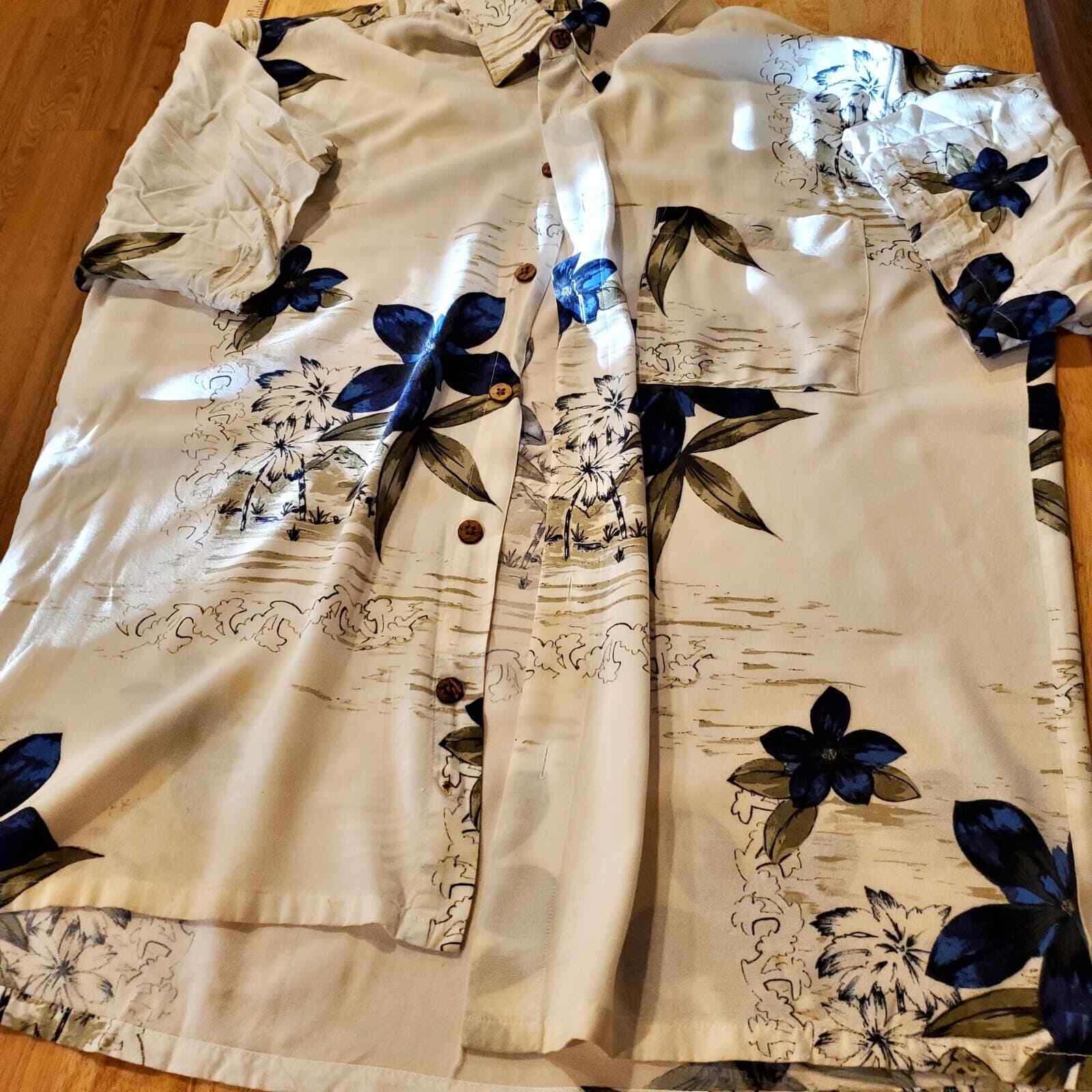 Puritan White Hawaiian Island Shirt Blue Floral Button Down Short Sleeve Collar