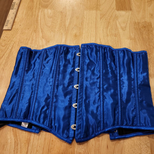 Size Medium Blue Satin Metal Busk Under Bust Corset Measurements in Photos. 