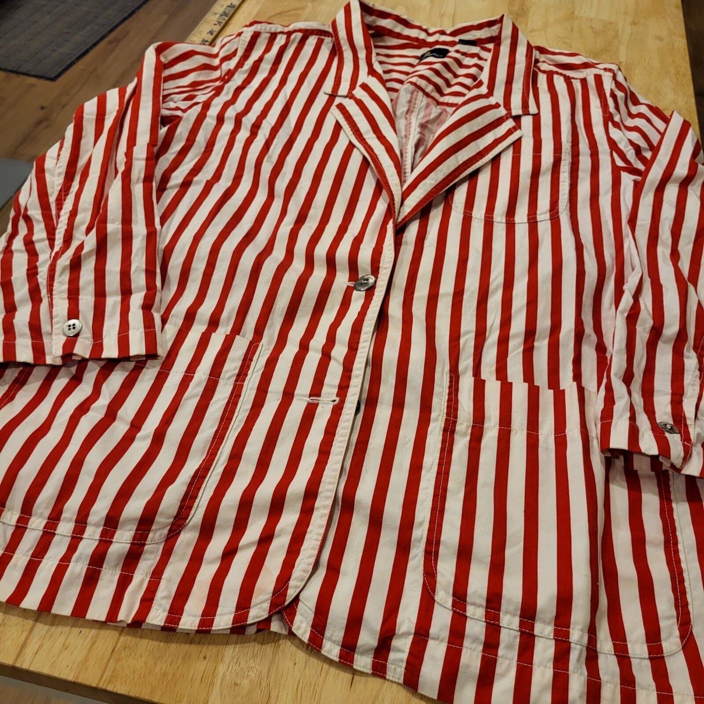 Vintage Liz Sport Red & White Striped Blazer Lightweight Cotton L Pockets