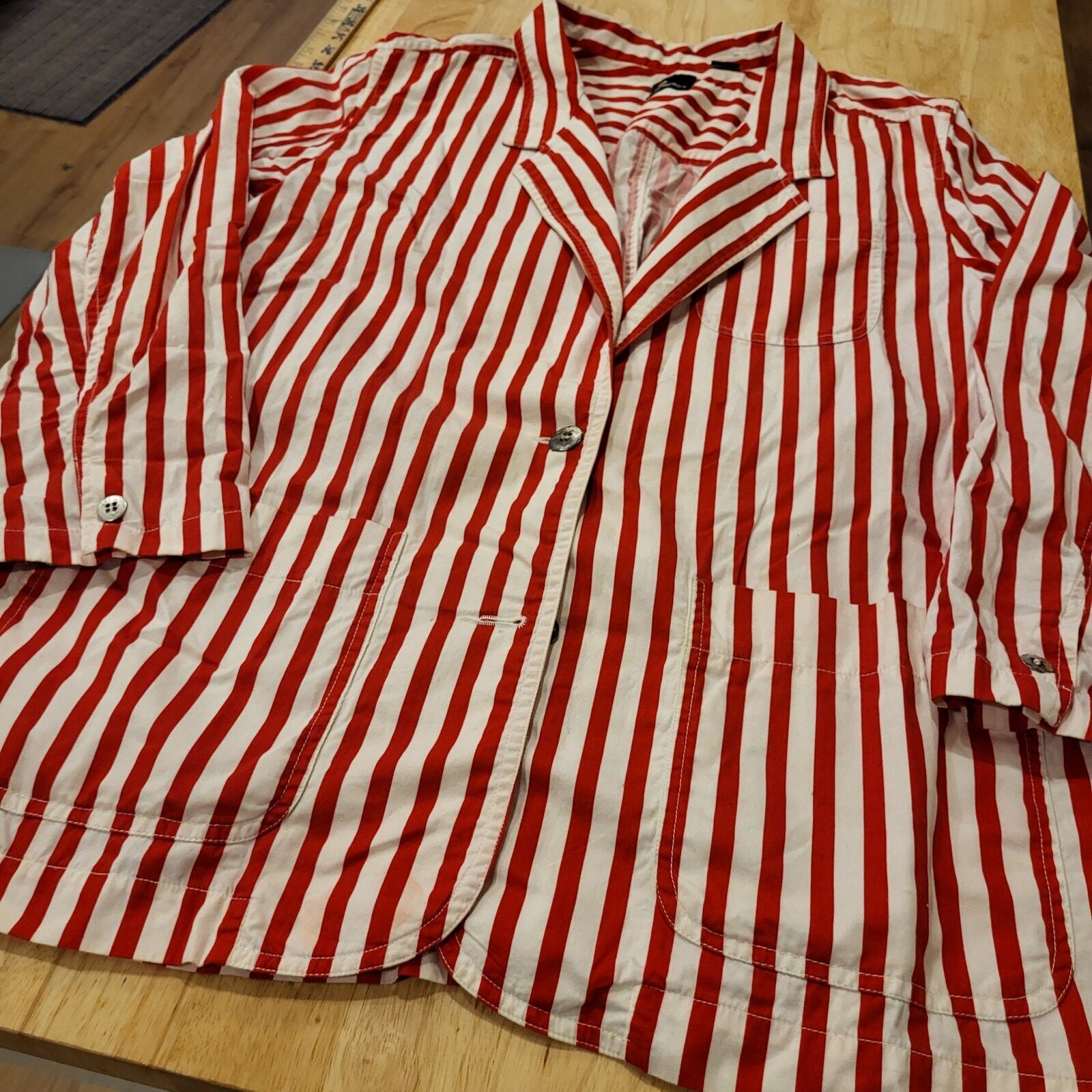 Vintage Liz Sport Red & White Striped Blazer Lightweight Cotton L Pockets