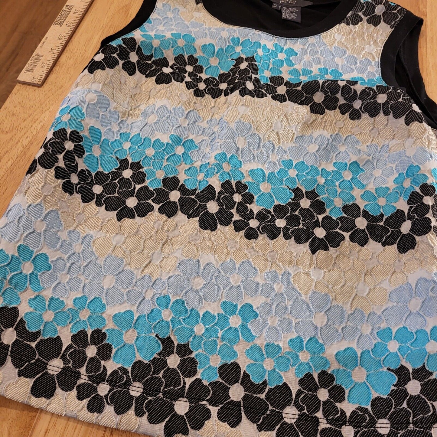 Per Se By Carlisle Blue & Black Floral Sleeveless Tank  Sz 6 Black Back 