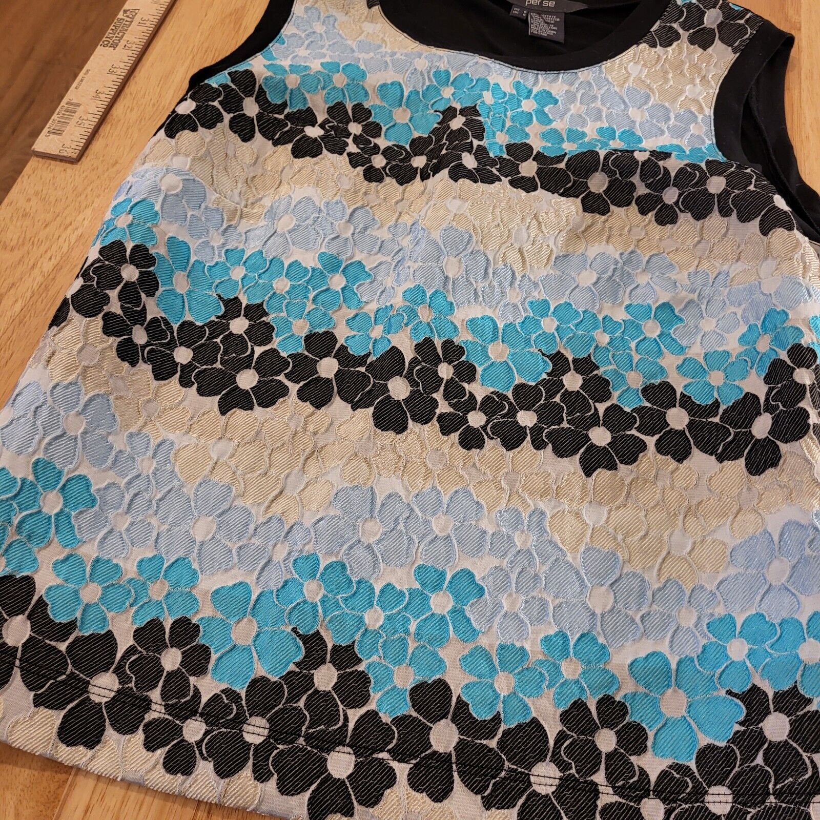 Per Se By Carlisle Blue & Black Floral Sleeveless Tank  Sz 6 Black Back 