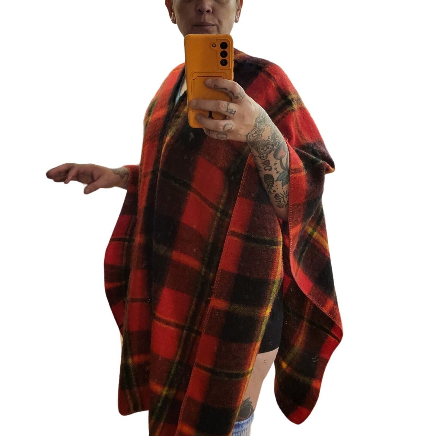 Red Wool Blend Tartan Plaid Poncho Shawl One Size 