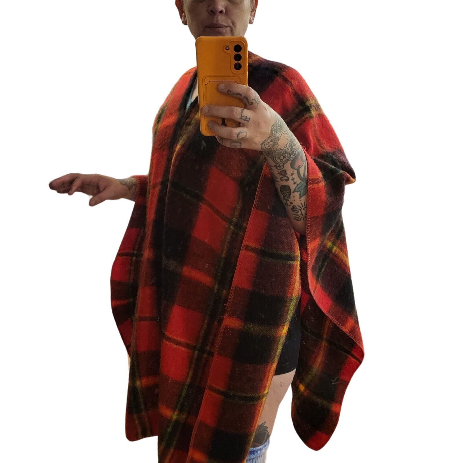 Red Wool Blend Tartan Plaid Poncho Shawl One Size 