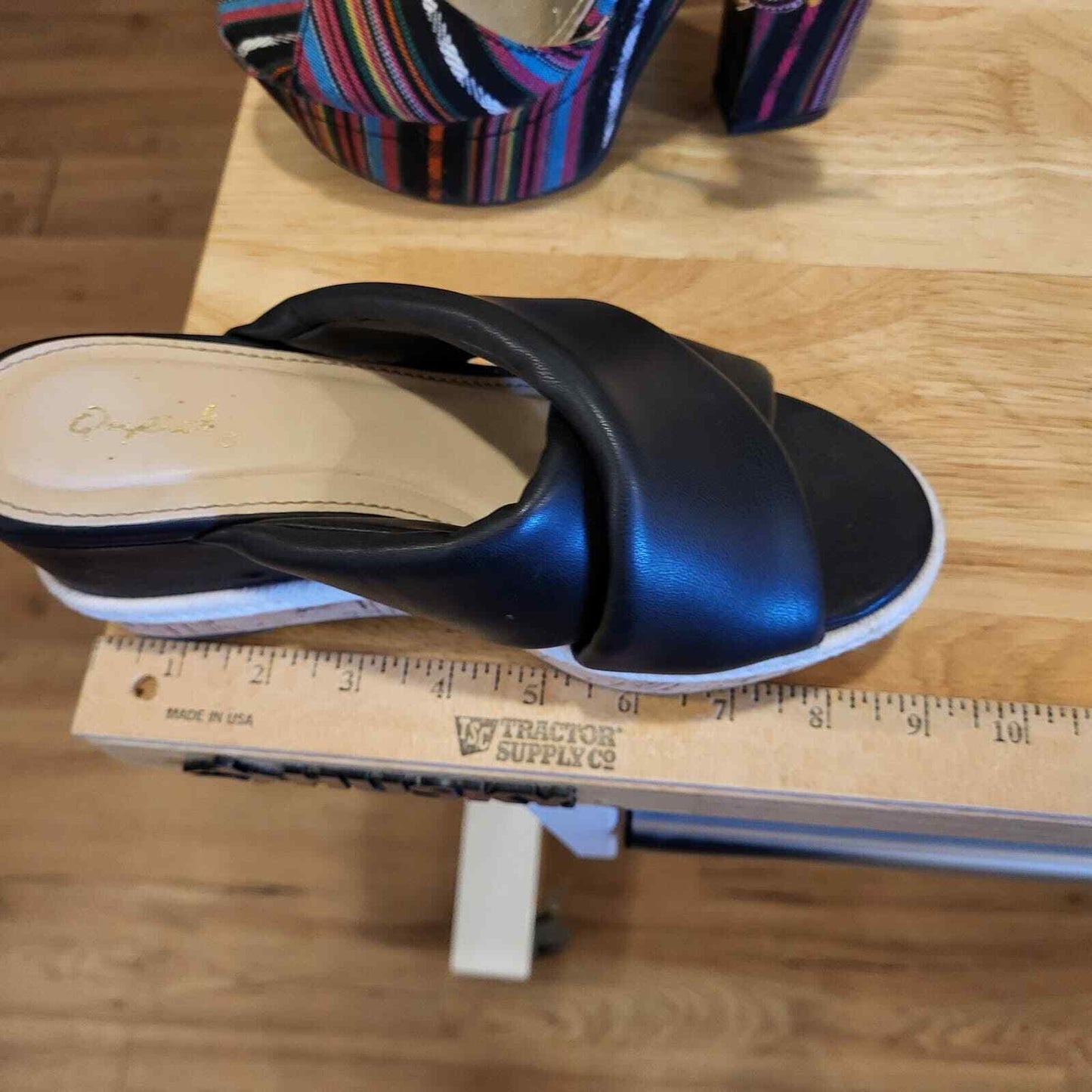 Black Crossover Faux Leather Cork Wedges White Detail 9" Size 6.5