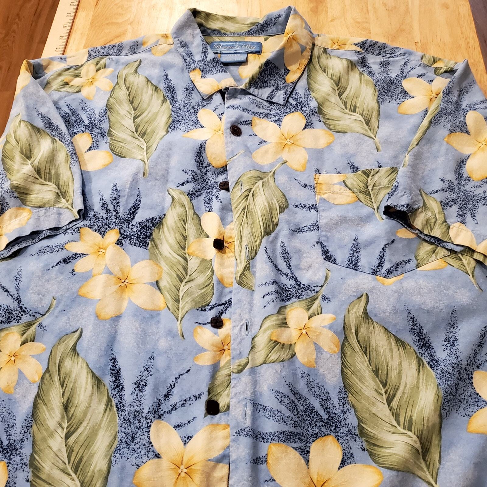 Bermuda Bay 100% Silk XXL Hawaiian Print Button Down Yellow Blue Floral 