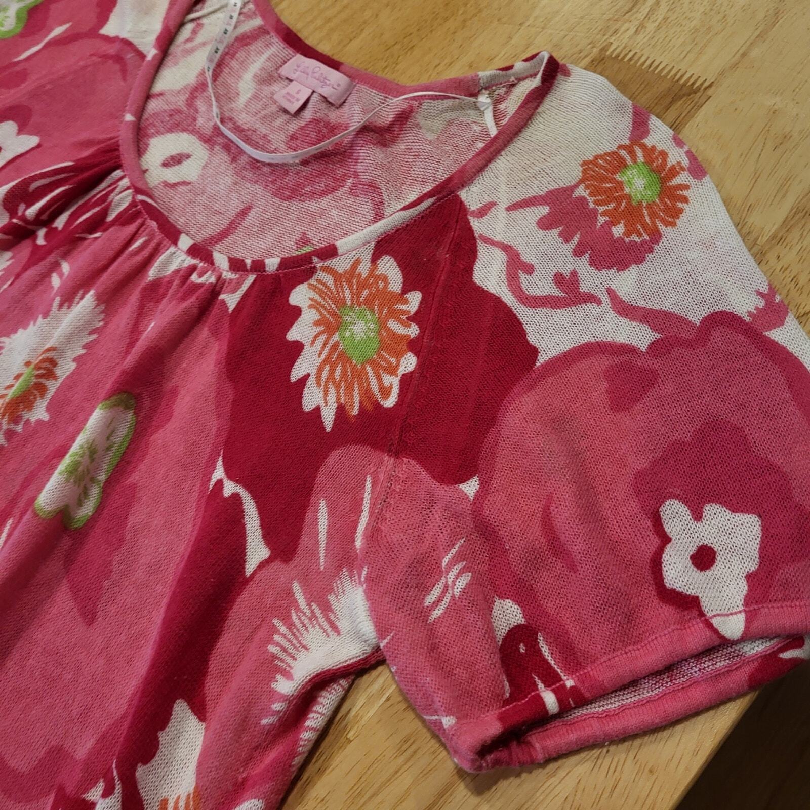 Lilly Pulitzer Pink Cherry Begonia Print Knit Top Soft Short Sleeve 19" P2P