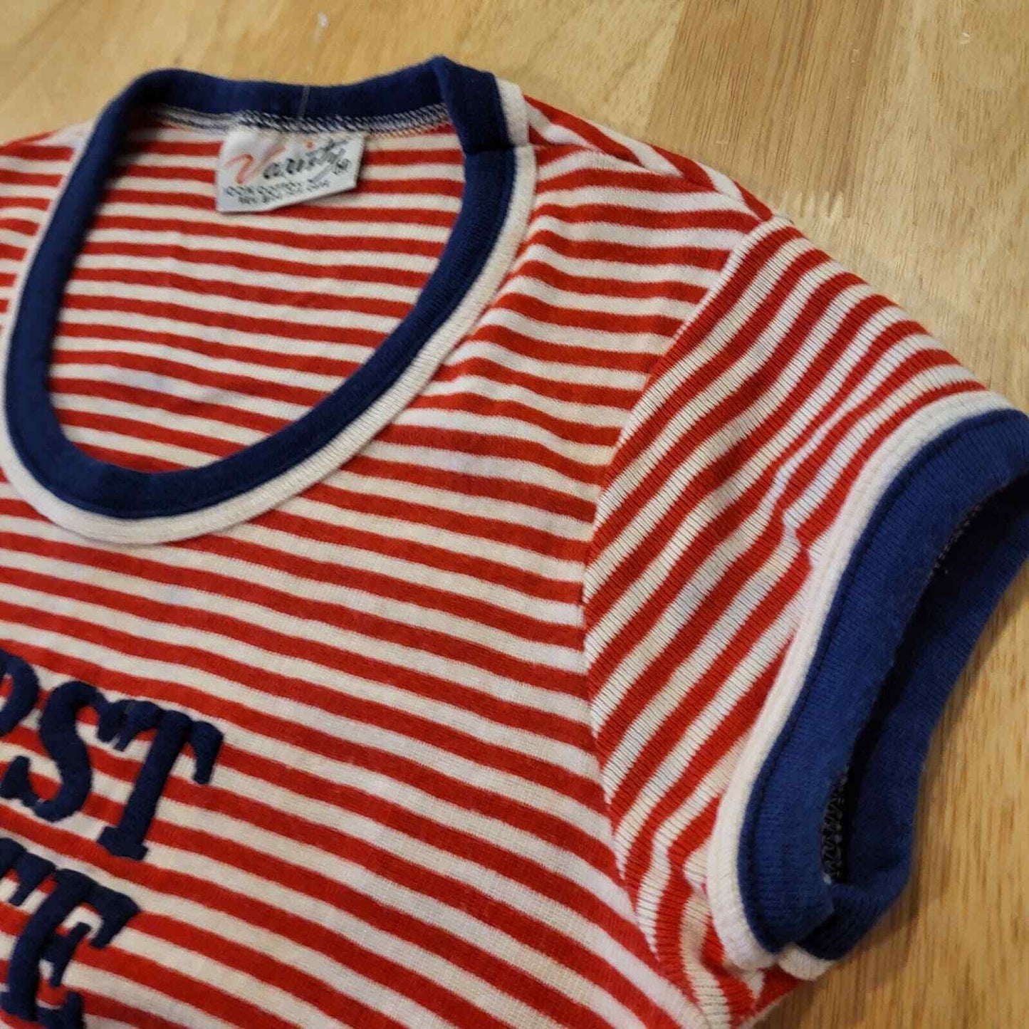 Vintage Red White Blue Striped First Mate Knit 100% Cotton Short Sleeve T-shirt