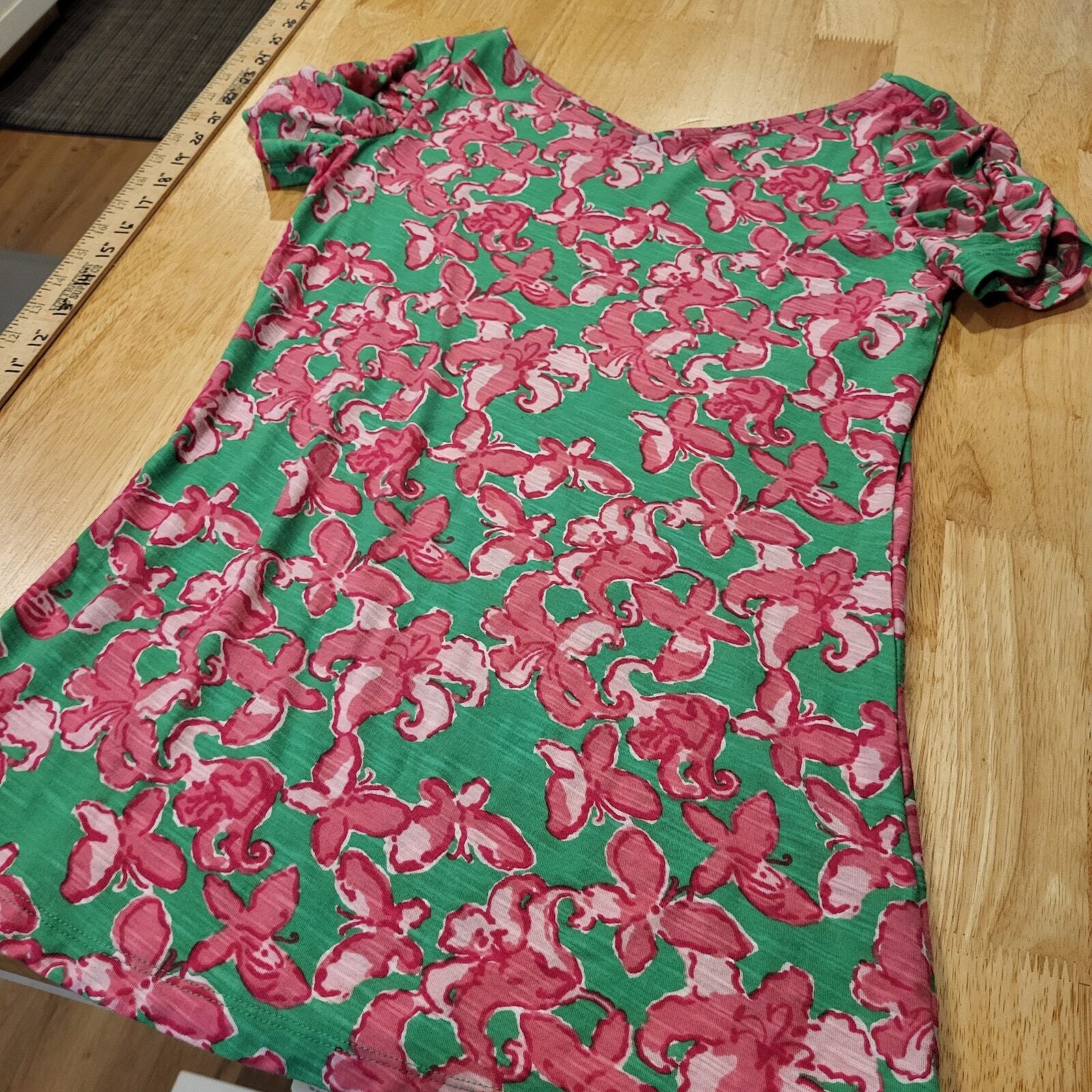 Lilly Pulitzer Floral Print Green & Pink 100% Cotton T-Shirt Small 100% Cotton