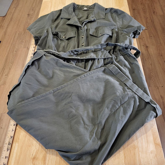 A.N.A 2X Army Green Short Sleeve Jumpsuit Button Collared Pockets Cotton