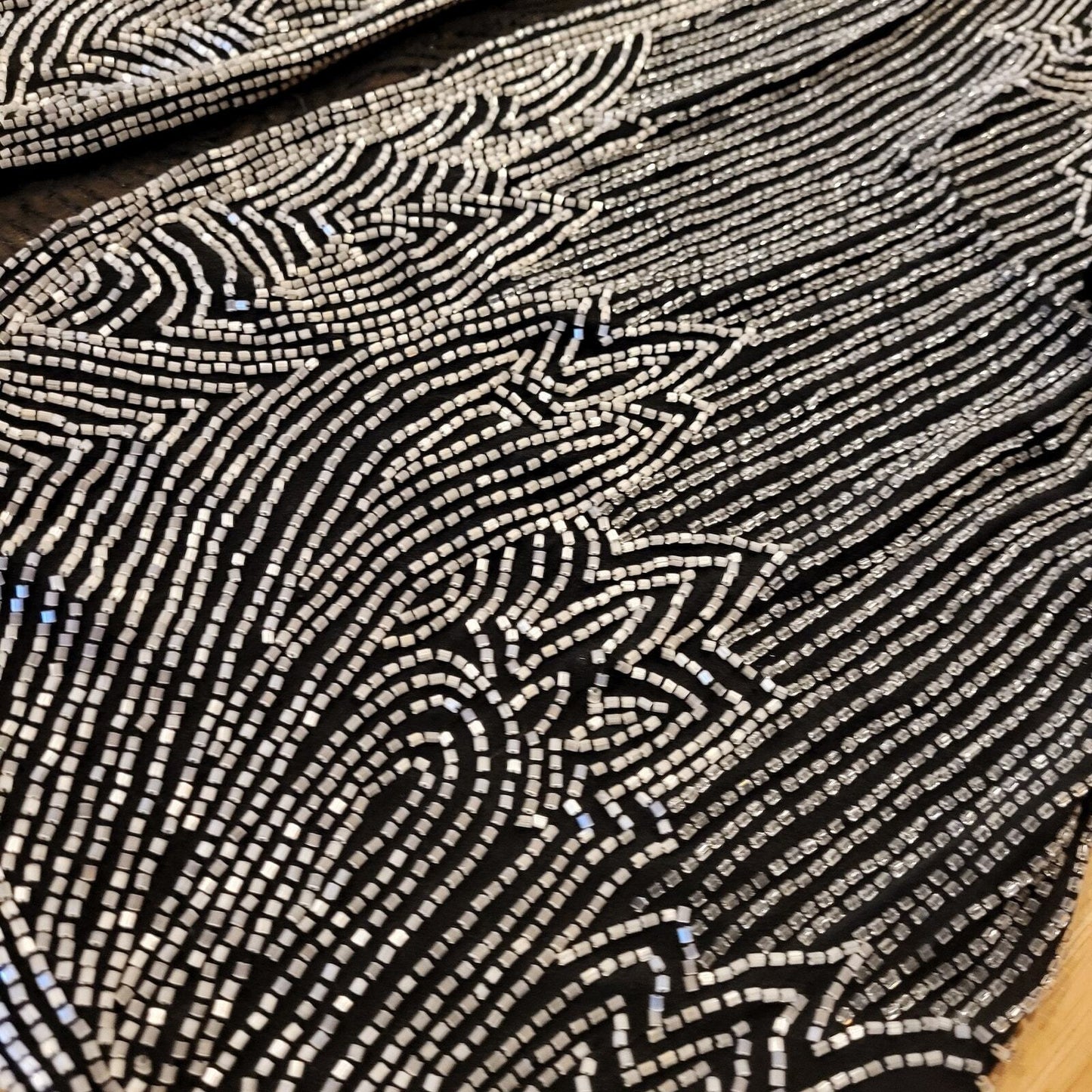 Oleg Cassini Black Tie 100% Silk Black Silver Beaded Chiffon Open Blouse L
