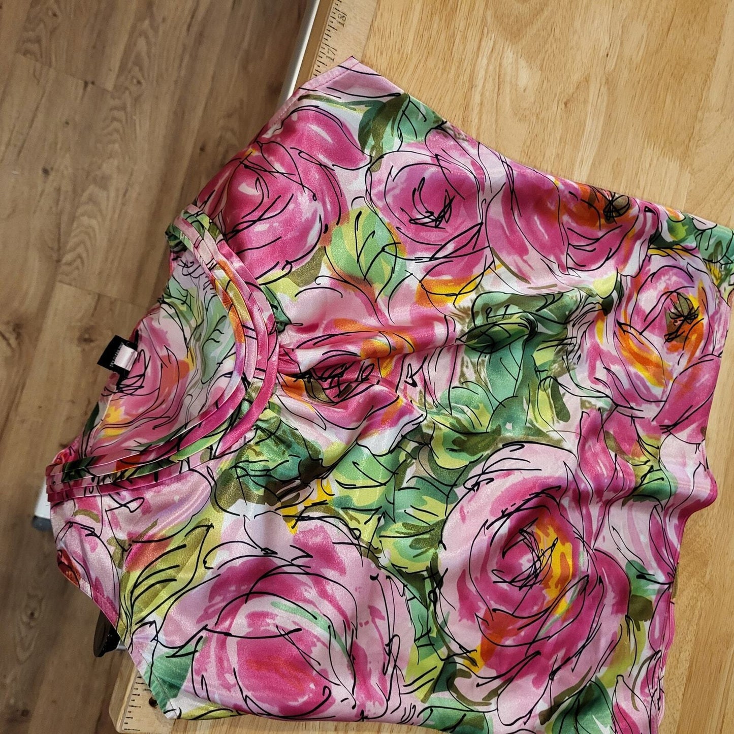 Satin Pink & Green Floral Rose Sleeveless Tank Blouse Spense Small