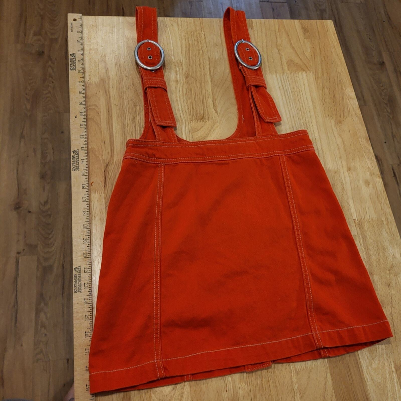 Medium Forever 21 Red Denim Pinafore Adjustable Buckle Overall Dress Pockets 