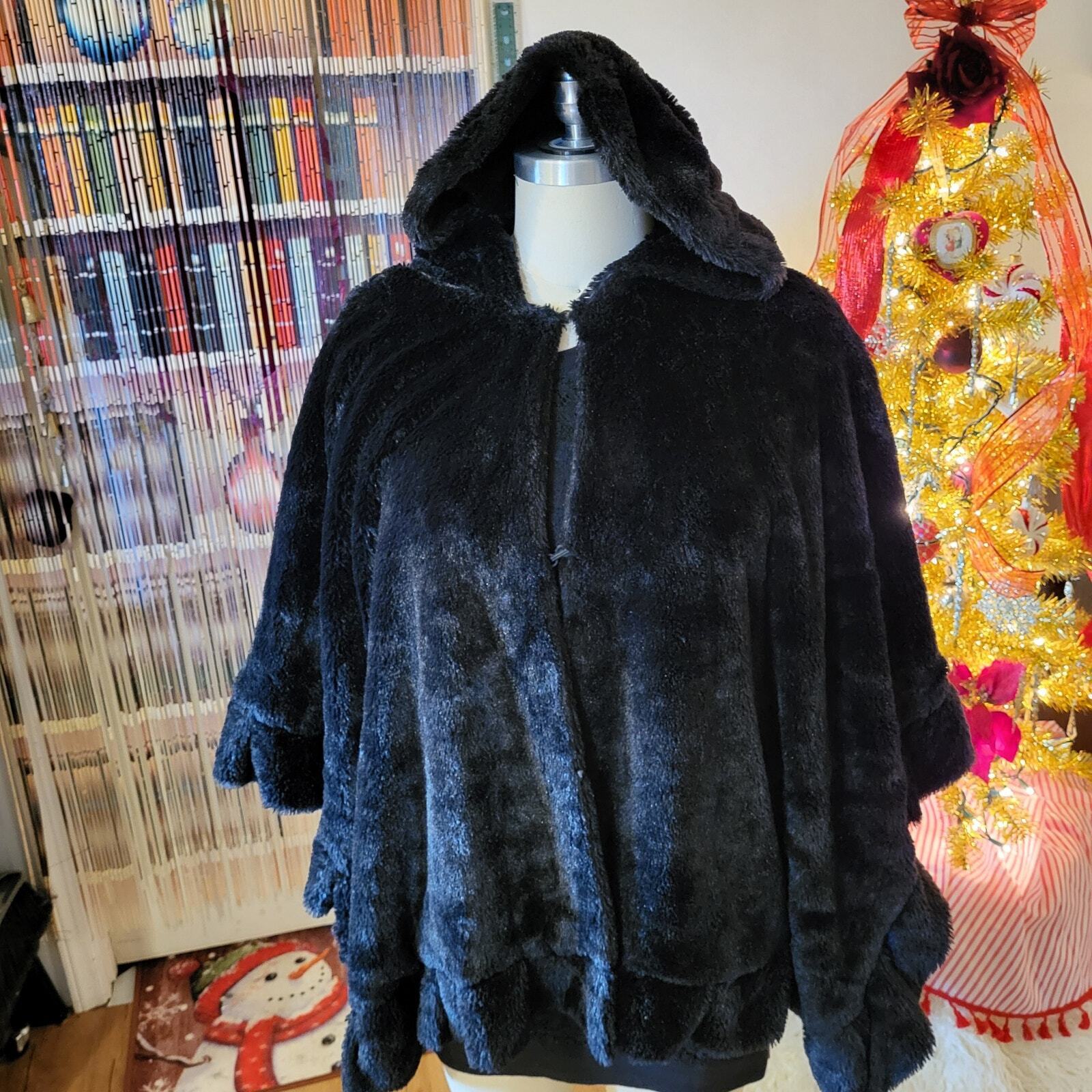 Black Faux Fur Soft Fussy Hooded Cape Formal Opera 