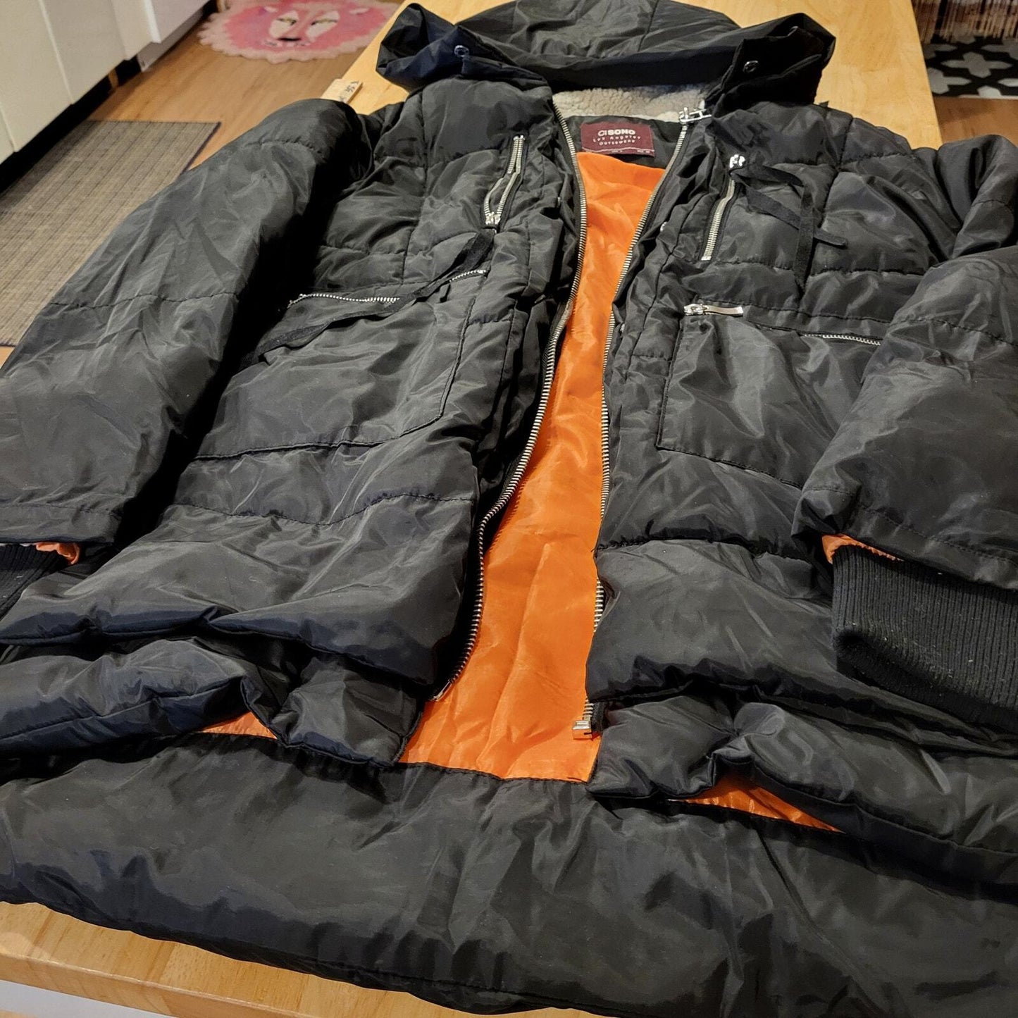 Viral Black Hooded Puffer Coat Orange Lining Silver Zip Pockets Sherling Hood LG
