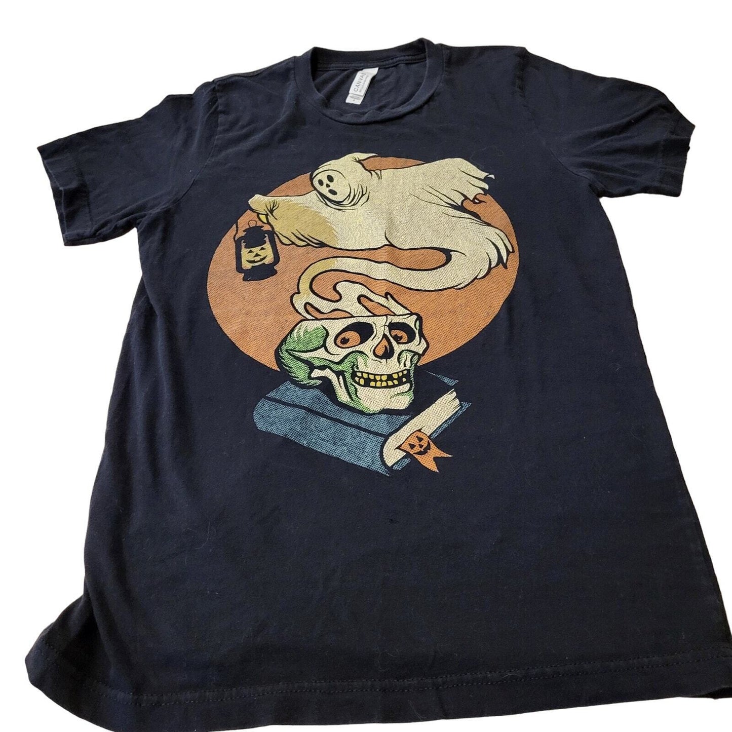 Small Black Bella Canvas Halloween T-Shirt Ghost Skull Orange Short Sleeve