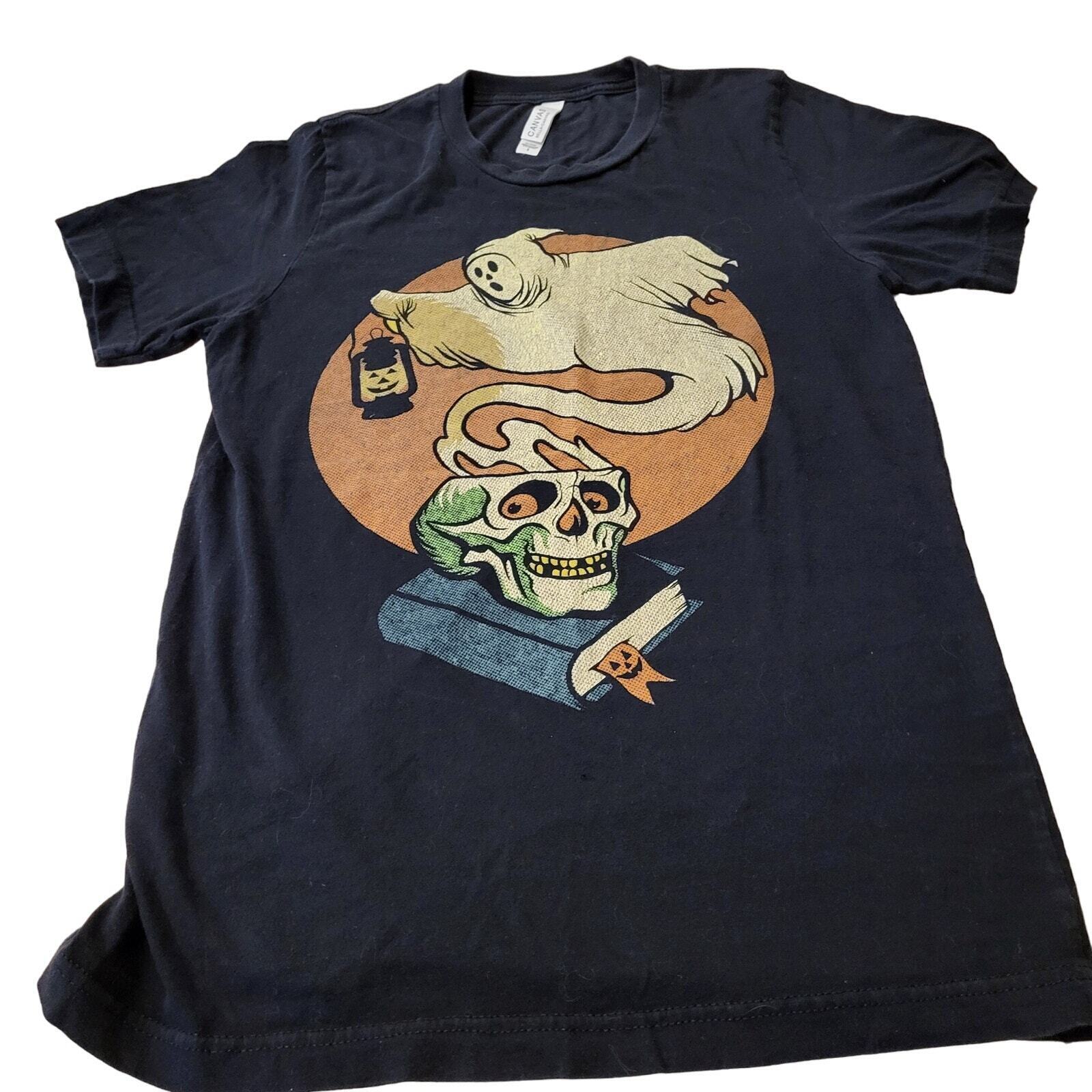 Small Black Bella Canvas Halloween T-Shirt Ghost Skull Orange Short Sleeve