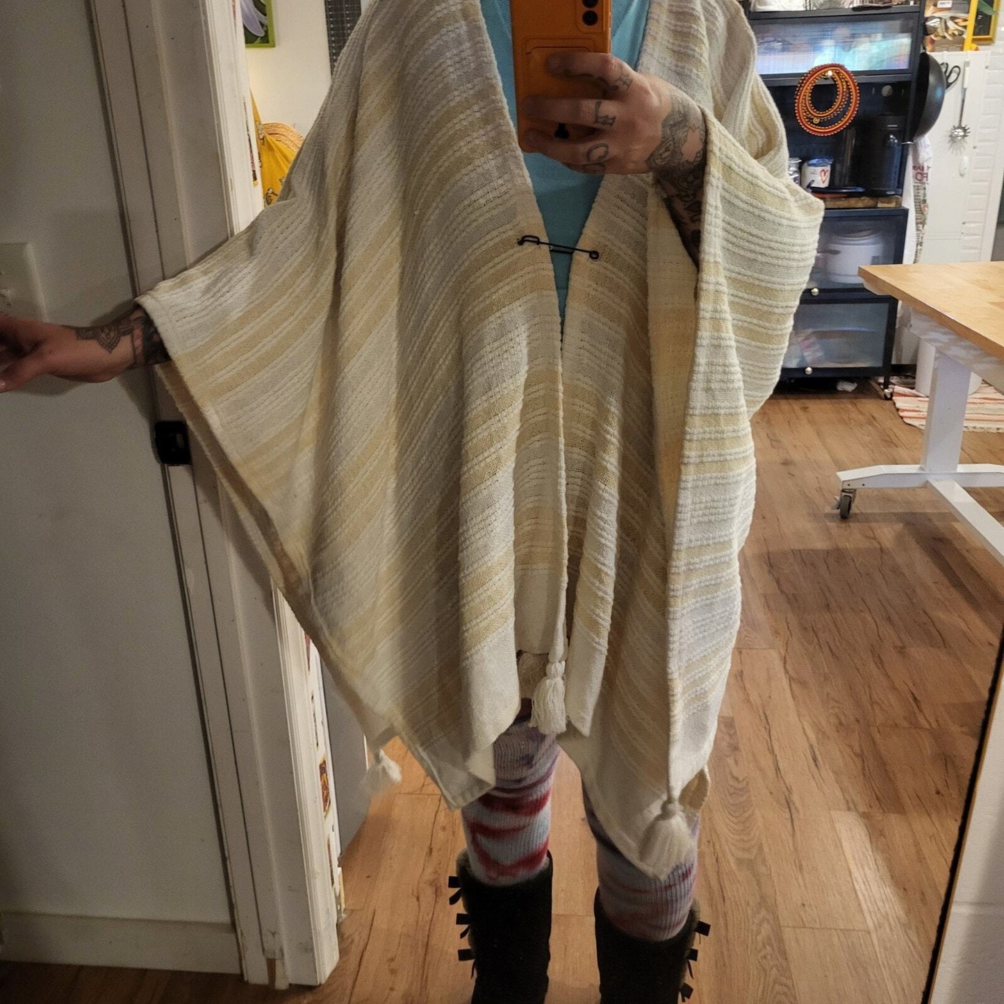 Hand Made Knit Yellow & White Striped Poncho Shawl Open Front Pin 