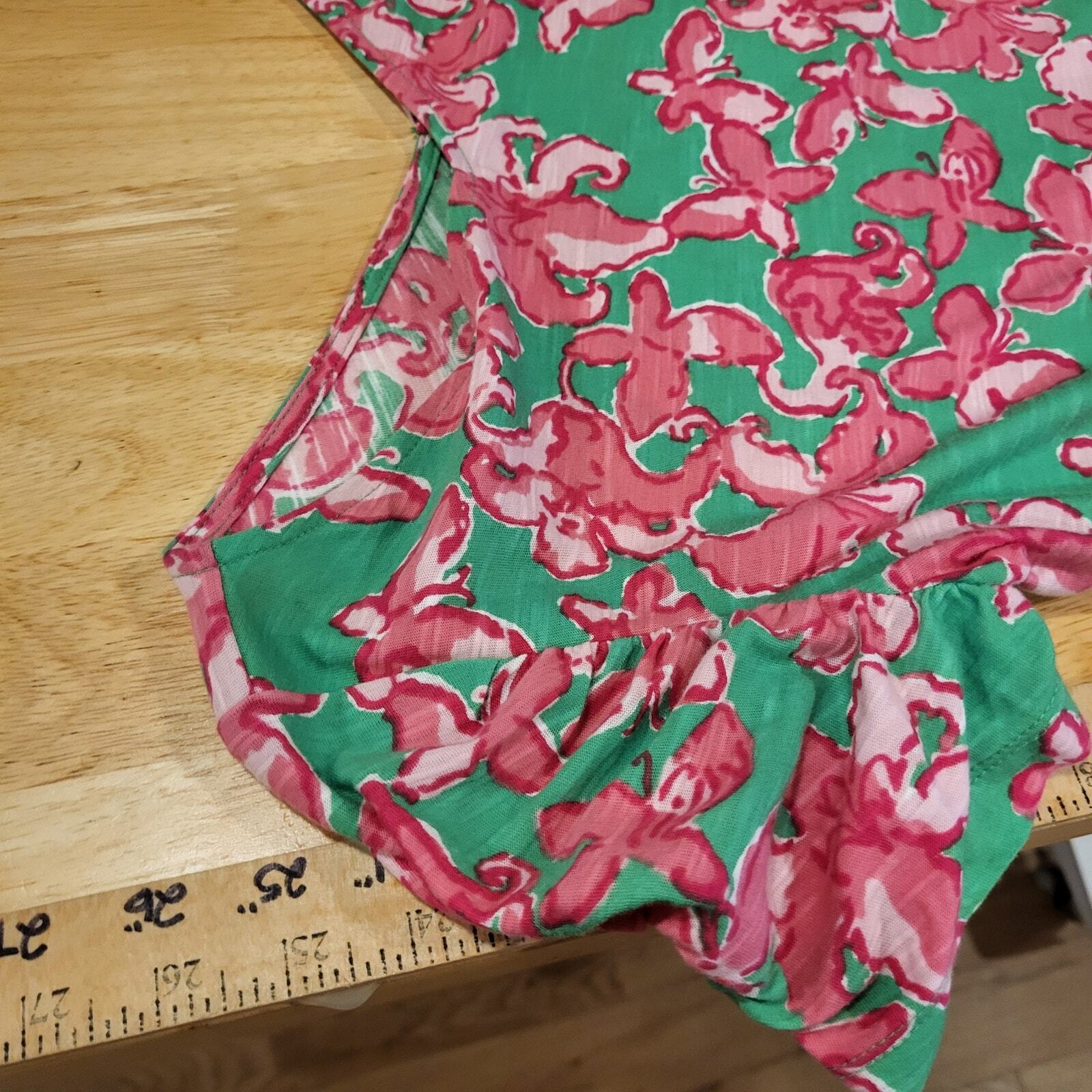 Lilly Pulitzer Floral Print Green & Pink 100% Cotton T-Shirt Small 100% Cotton