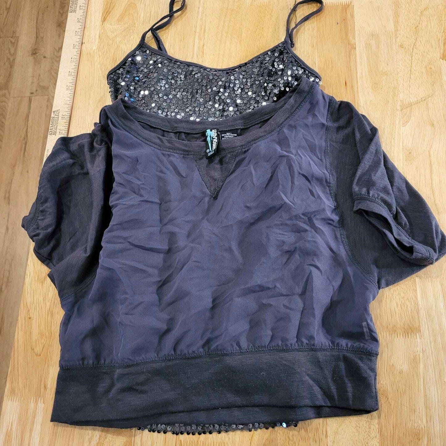 Vintage Weavers Two Piece Top Sequin Tank Mesh Transparent Top Gray Small
