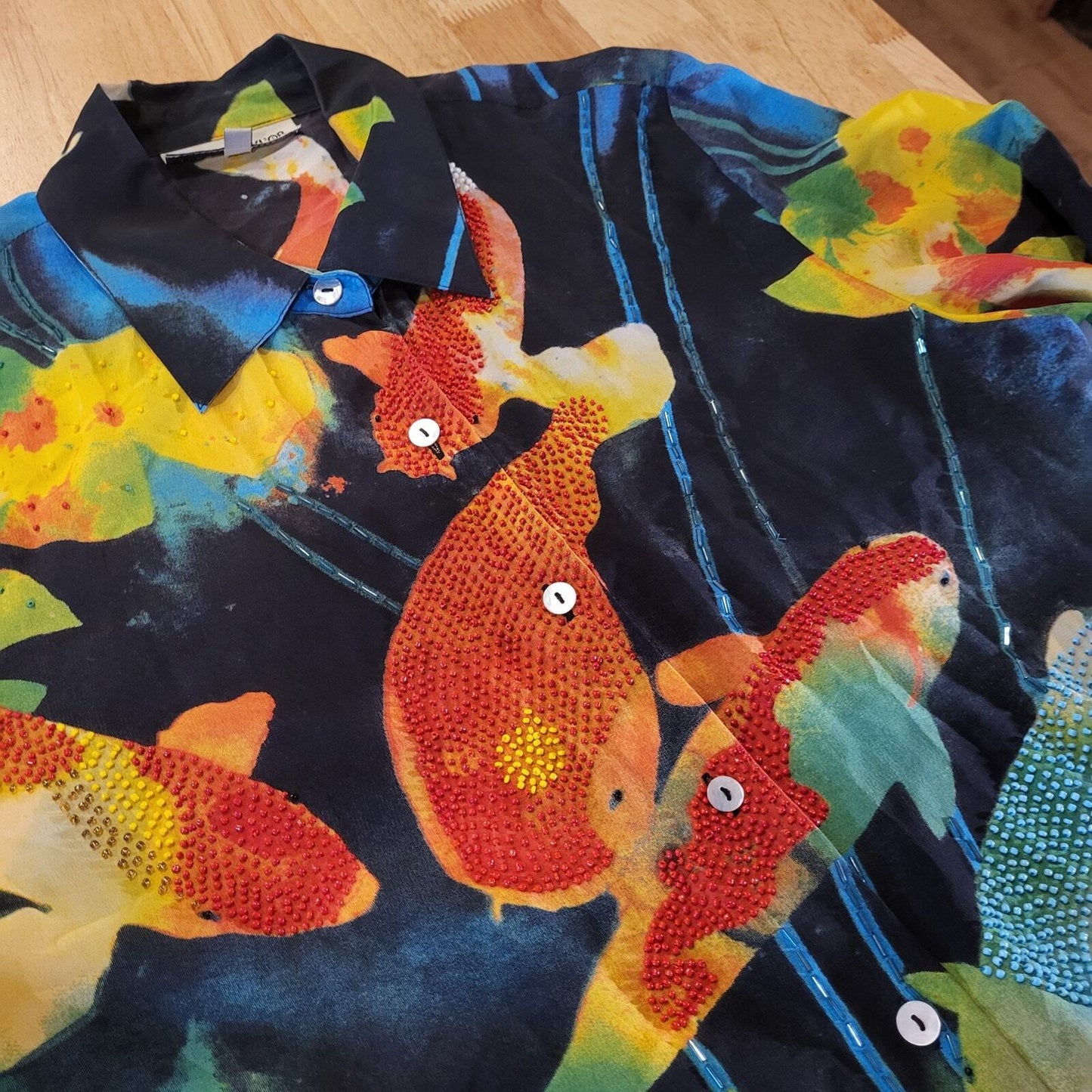 Nicole Taylor 100% Silk Batik Dyed Beaded Koi Fish Blouse  Collared. Button Down