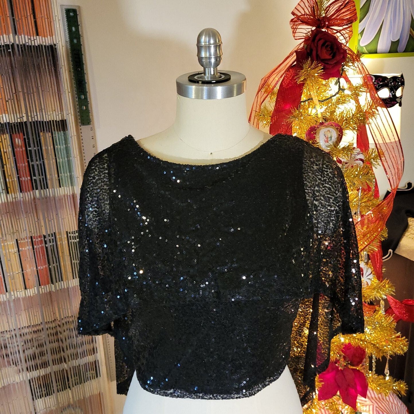 Black Sequin Bat Wing zip Back Blouse Cropped Pretty 