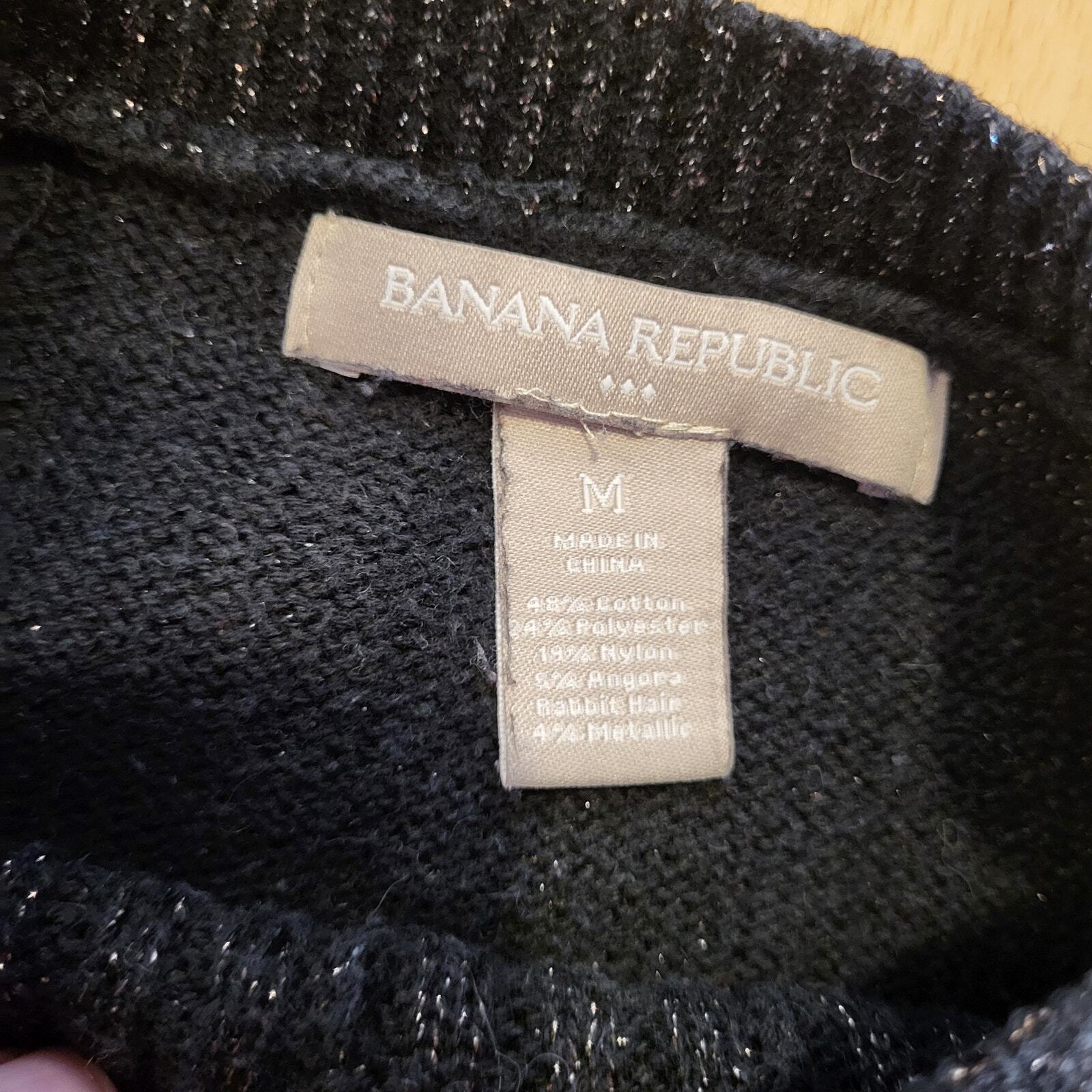 Banana Republic Cotton Angora Blend Black Metallic Cable Knit Sweater Button Med