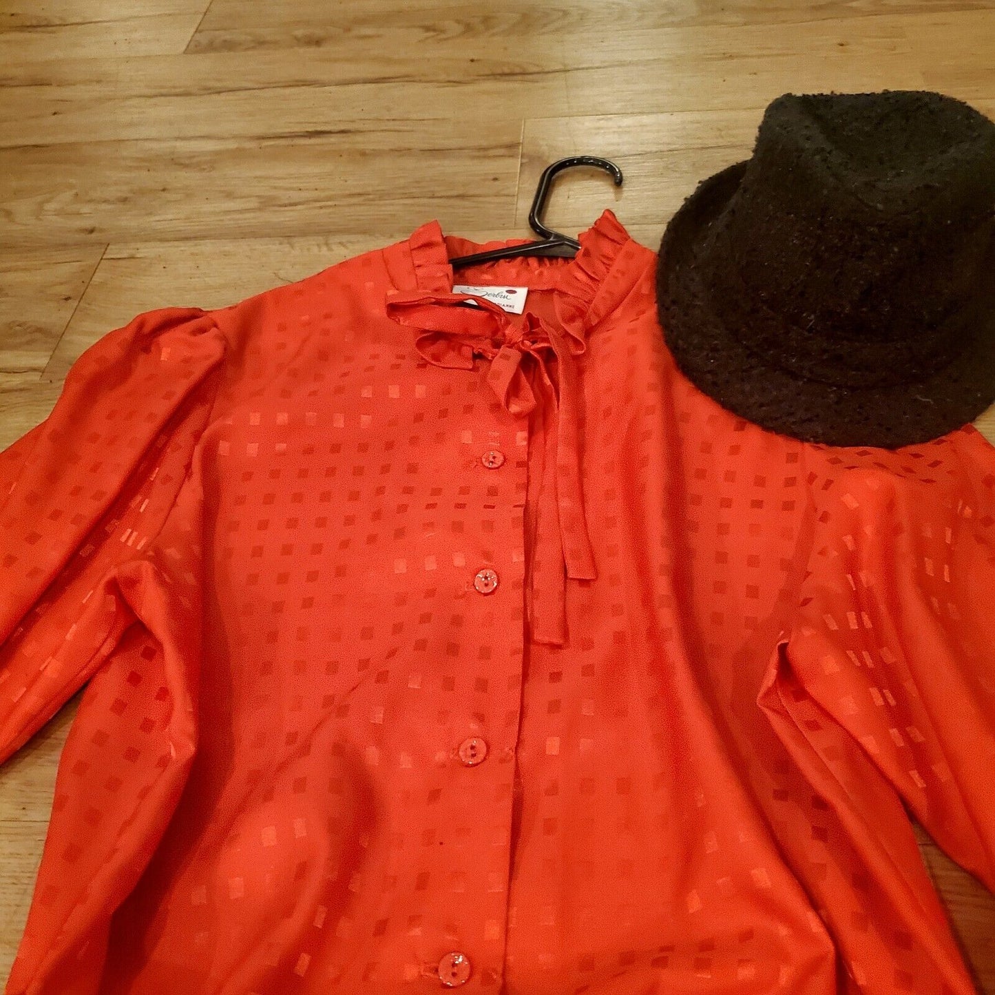 Vintage Red Polyester Shirt Dress Red Check Sateen Ruffle Collar & Cuff Belt