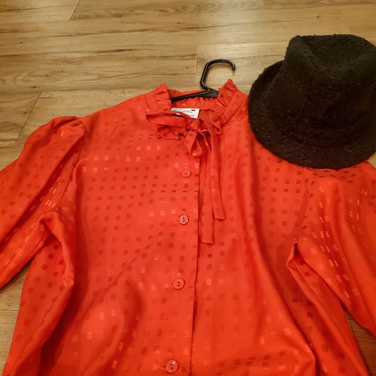 Vintage Red Polyester Shirt Dress Red Check Sateen Ruffle Collar & Cuff Belt