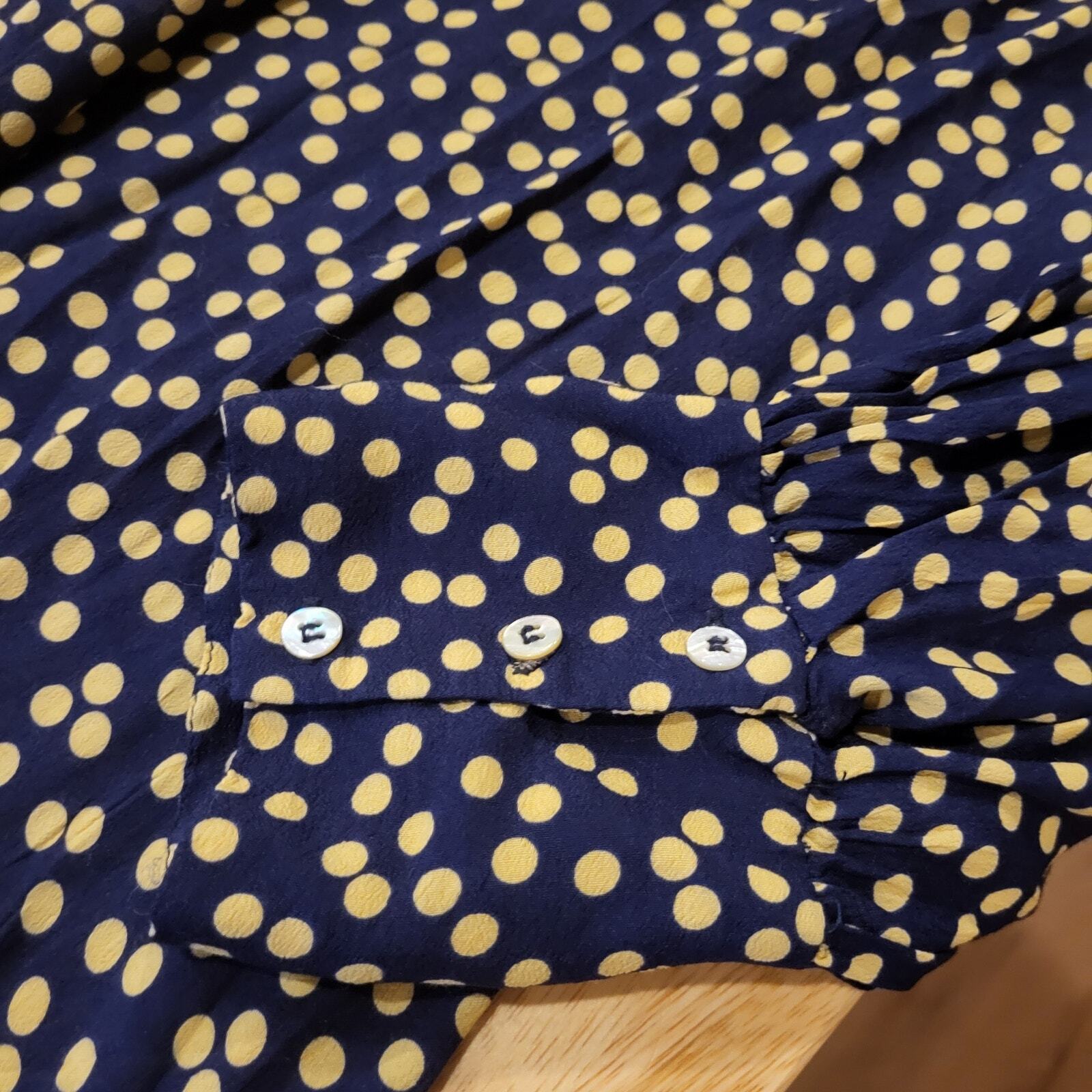 Zara Long Blue & Yellow Polka Dot Button Maxi Shirt Dress Tie Collar Large Nylon