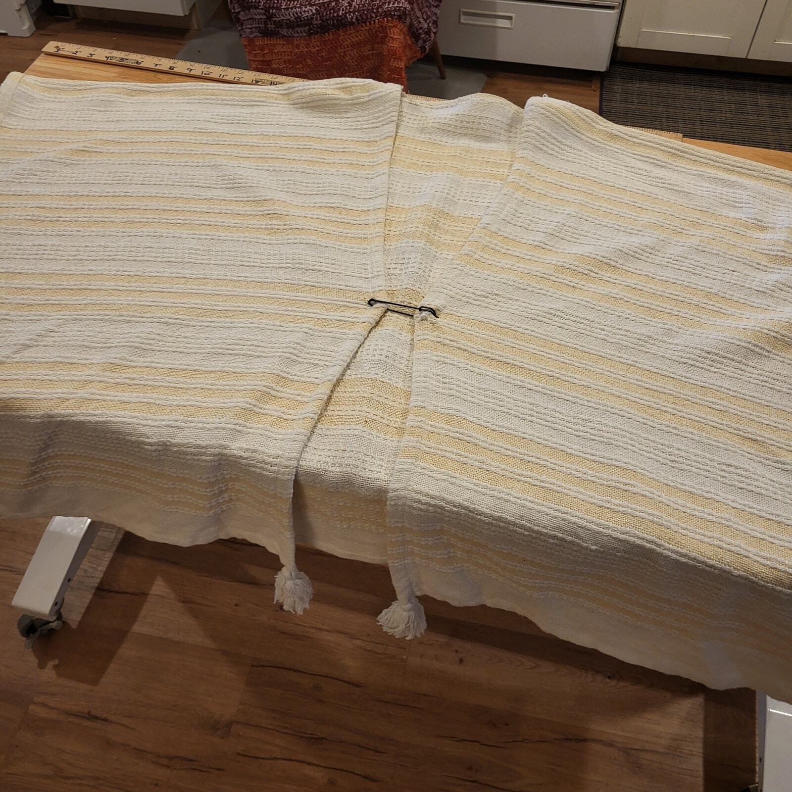 Hand Made Knit Yellow & White Striped Poncho Shawl Open Front Pin 