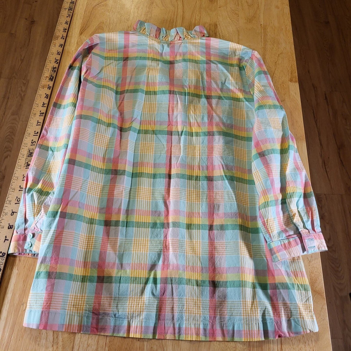 Crown & Ivy Pastel Plaid Ruffle Collar 3/4 Sleeve 25" Long 23" P2P