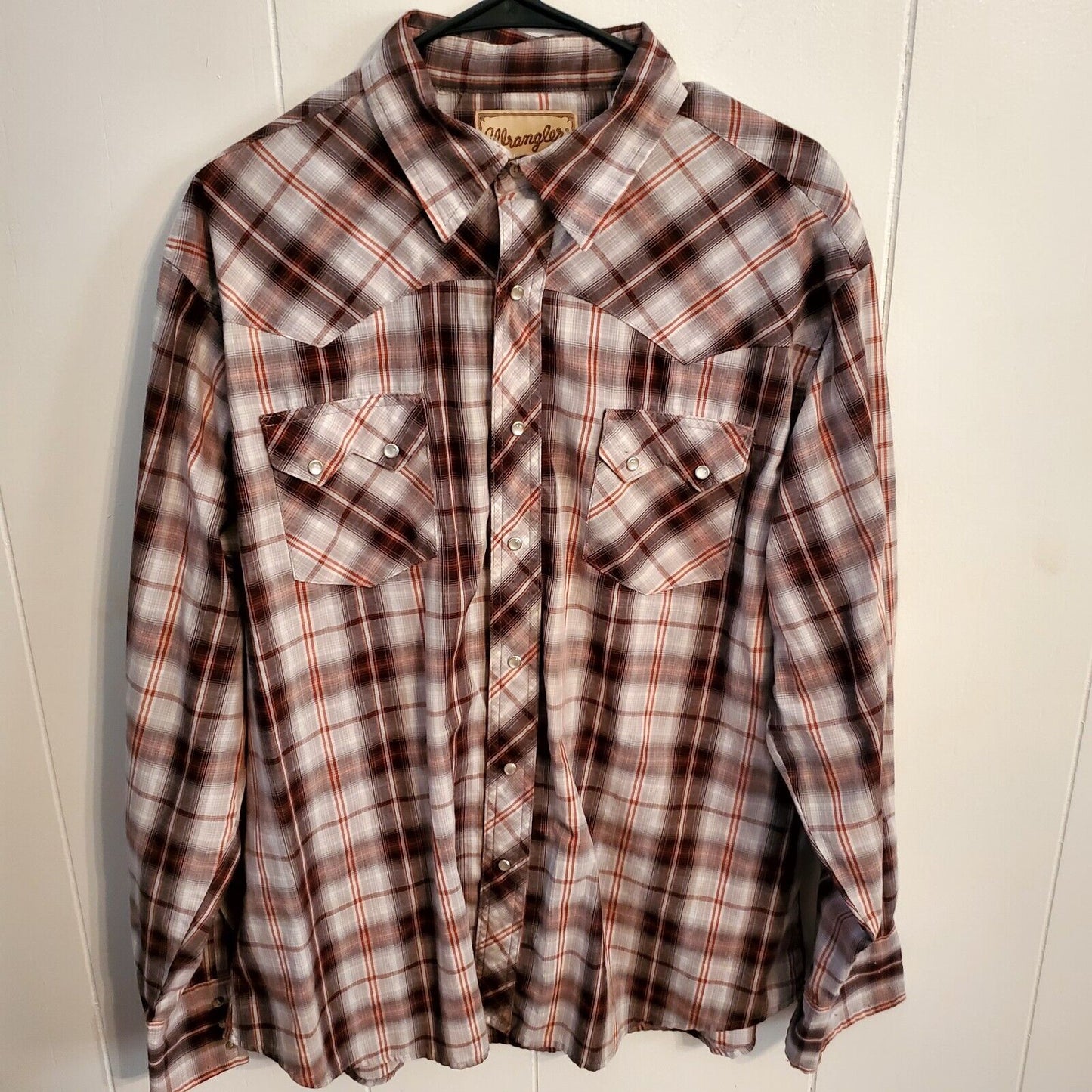 Vintage Wrangler Pearl Snap Medium Long Sleeve Button Down Brown Plaid  26" P2P