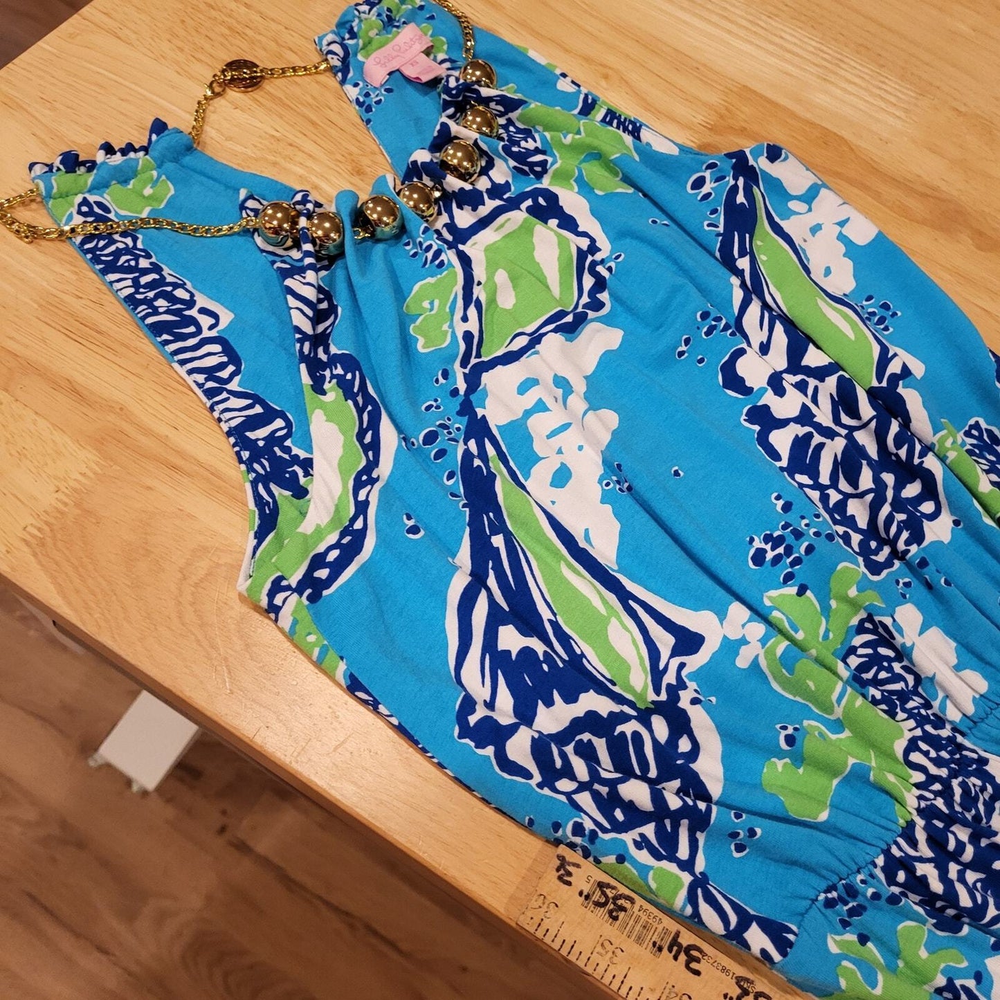Lilly Pulitzer Calissi Sound The Horn Maxi Jersey Dress Gold Necklace Neckline